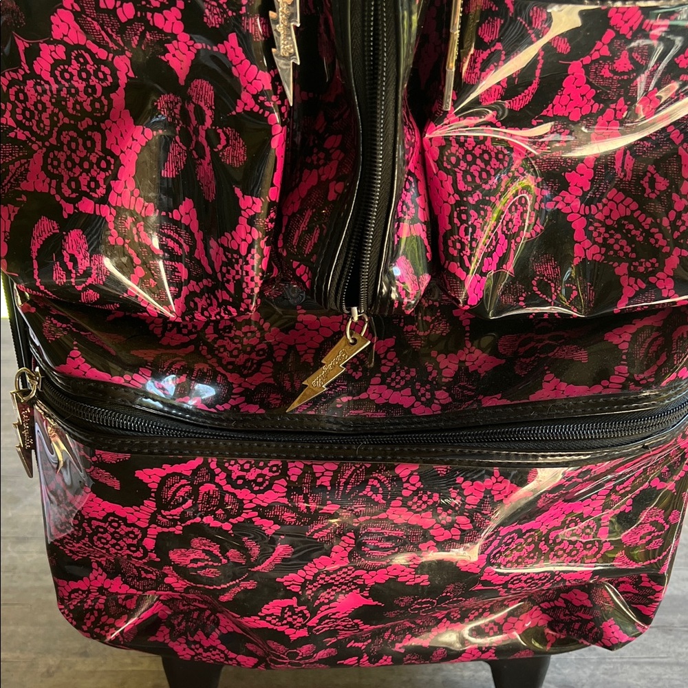 Betsey Johnson Betseyville Pink and Black patent leather Floral 20” suitcase. - Picture 3 of 11